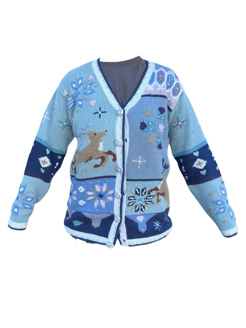 Storybook Knits Light Blue and Navy Animal Patchwork Cardigan